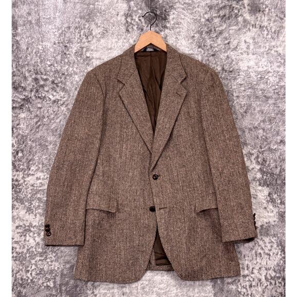 Vintage Harris Tweed Blazer 44 L Mens Brown Herringbone Sport Coat Jacket Long - Picture 1 of 13